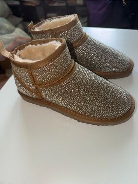 INC Crystal-Embellished Tan Faux Fur Ankle Boots